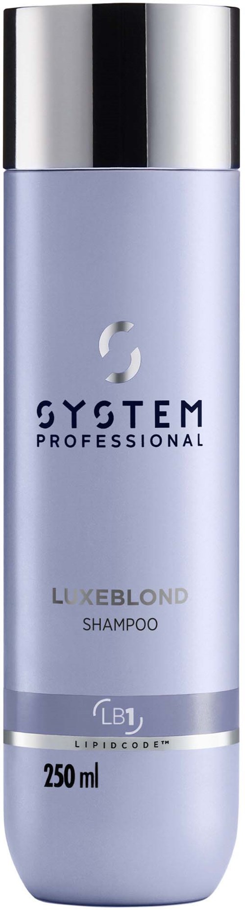Een lange, lichtpaarse shampoo-fles met een metalen dop, gelabeld "SYSTEM PROFESSIONAL" en "LIIXEBLOND SHAMPOO," 250 ml.