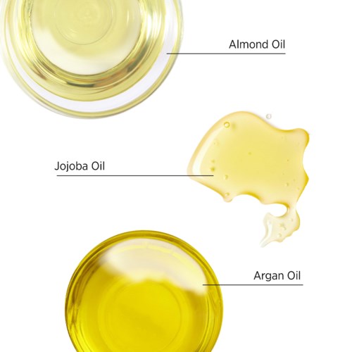 Diagram met amandel-, jojoba- en arganolie met labels en een druppel olie.
