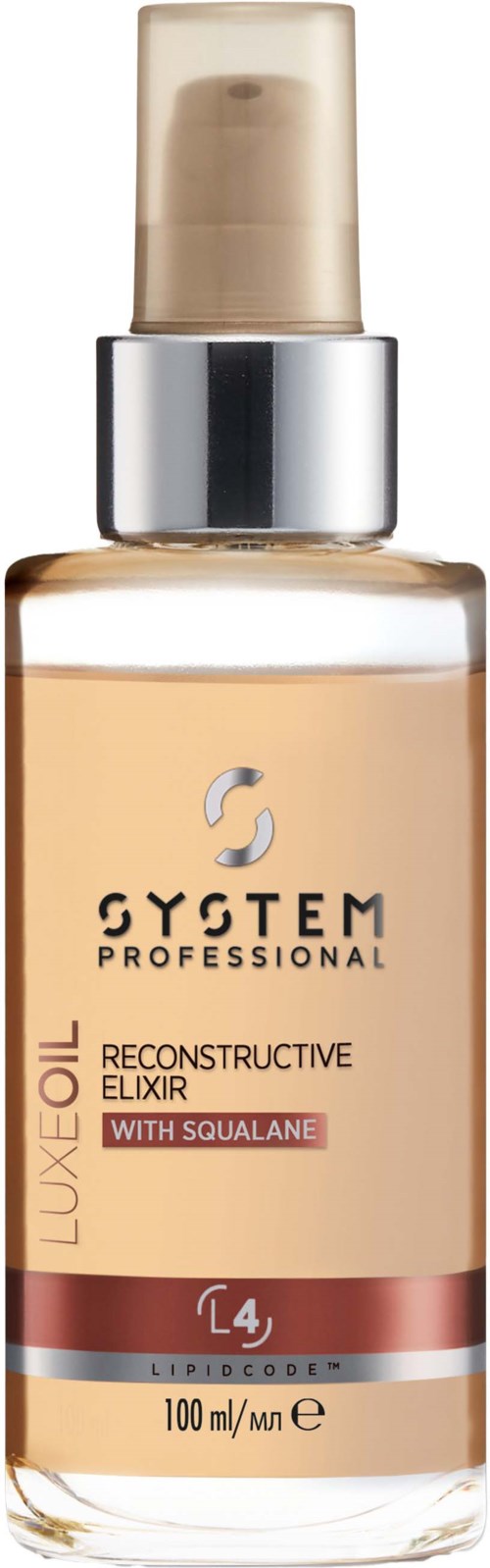 Een flesje System Professional Luxeoil herstellende elixir met squalane en L4-code voor haarverzorging.