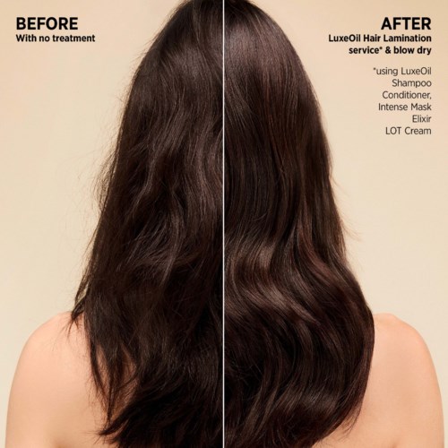 Het haar van een vrouw voor en na behandeling toont gladder, glanzender en gezonder haar aan de rechterkant.
