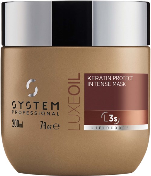 Een beige pot met zilverkleurige deksel, gemarkeerd voor haarmasker met keratine en LuxeOil, 200 ml.