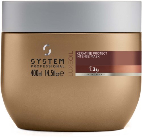 Goudkleurige pot met System Professional Luxeoil Keratine Protect Intense Mask, zilveren deksel en rode label.