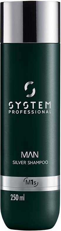 Een donkergroene fles met zilveren dop, gemarkeerd 'System Professional Man Silver Shampoo' en 250 ml.