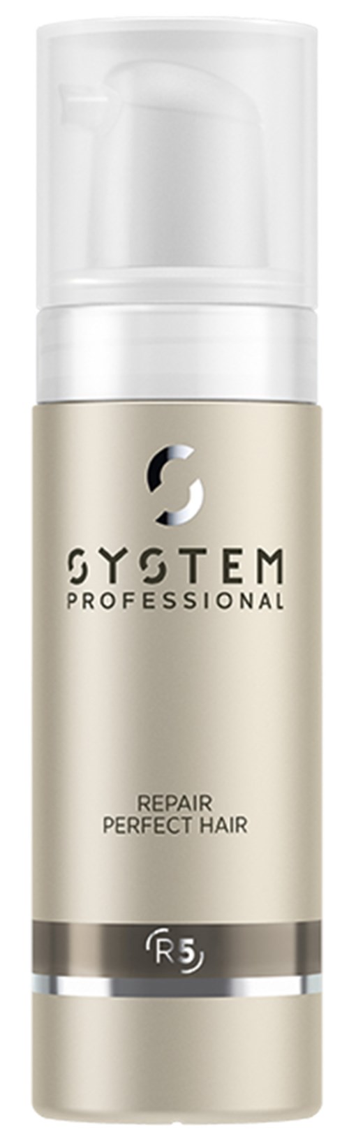 Een fles met pomp, gelabeld 'System Professional Repair Perfect Hair R5'. Het is zilver met een witte dop.
