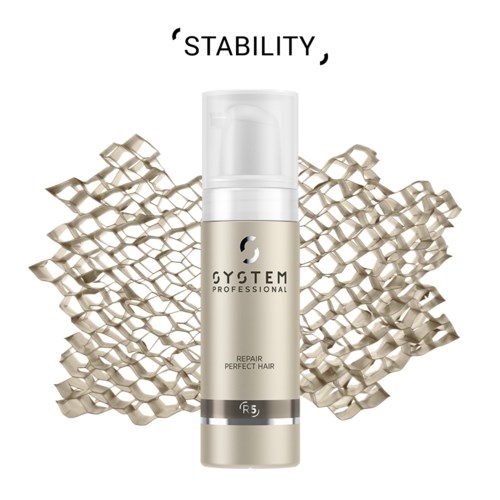 Een haarverzorgingsproduct genaamd 'Repair Perfect Hair' met een zilveren en witte fles, voor een metalen gaasachtergrond, met 'Stability' bovenaan.