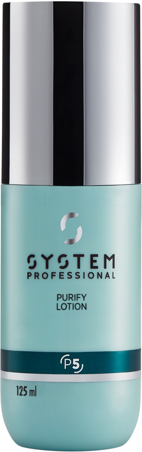 Een lichtblauwe lotionfles met zilveren dop, met label 'Purify Lotion' van System Professional, P5, 125 ml.