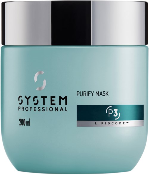 Een blauwe pot met zilveren deksel met label 'System Professional Purify Mask' voor huidverzorging, 200 ml.