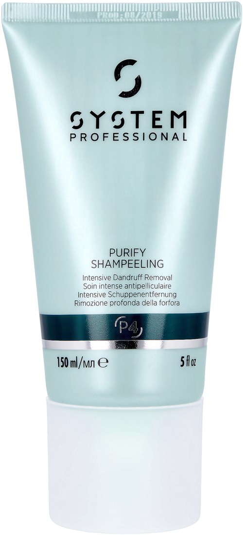 Een lichtblauwe tube met zwarte en witte tekst, gelabeld System Professional Purify Shampoo tegen roos.