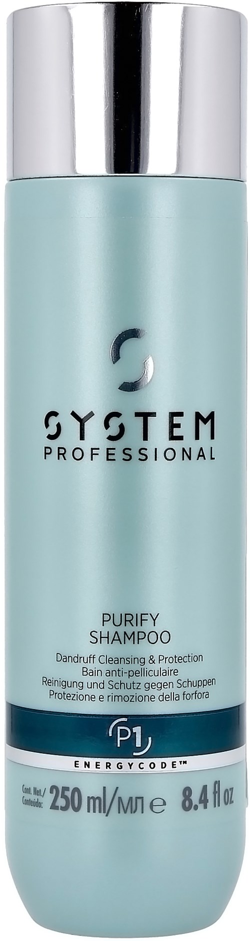 Een lichtblauwe fles System Professional Purify Shampoo met een zilveren deksel, 250 ml, voor roosbehandeling.