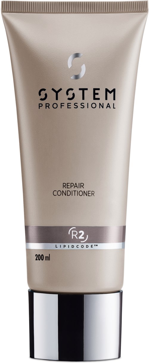 Een beige tube met System Professional Repair Conditioner, 200 ml capaciteit.