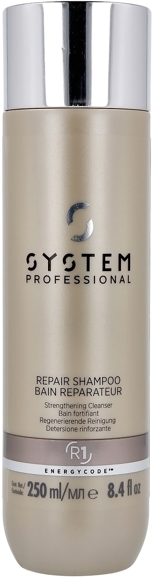 Een lange, beige fles met een zilveren dop, gemarkeerd 'System Professional Repair Shampoo,' 250 ml capaciteit.