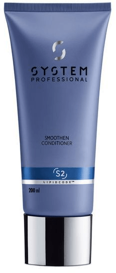 Blauwe tube van System Professional gladmakende conditioner met zilveren en witte accenten en 200 ml inhoud.