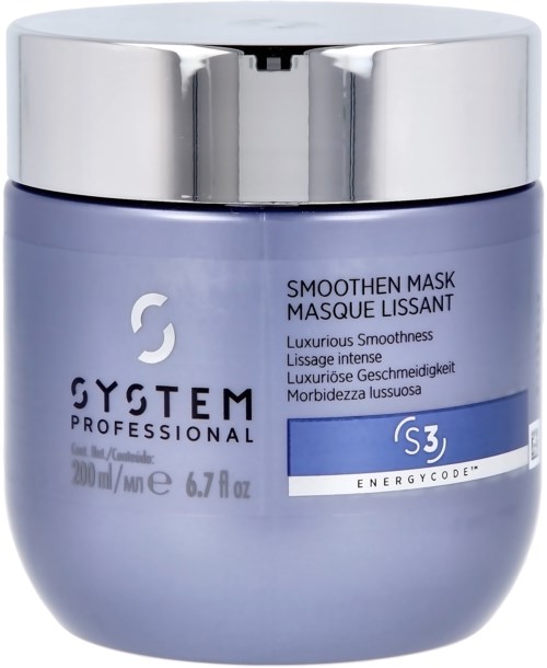 Een paarse pot met zilveren deksel, met label 'System Professional' en 'Smoothen Mask' voor haarverzorging.