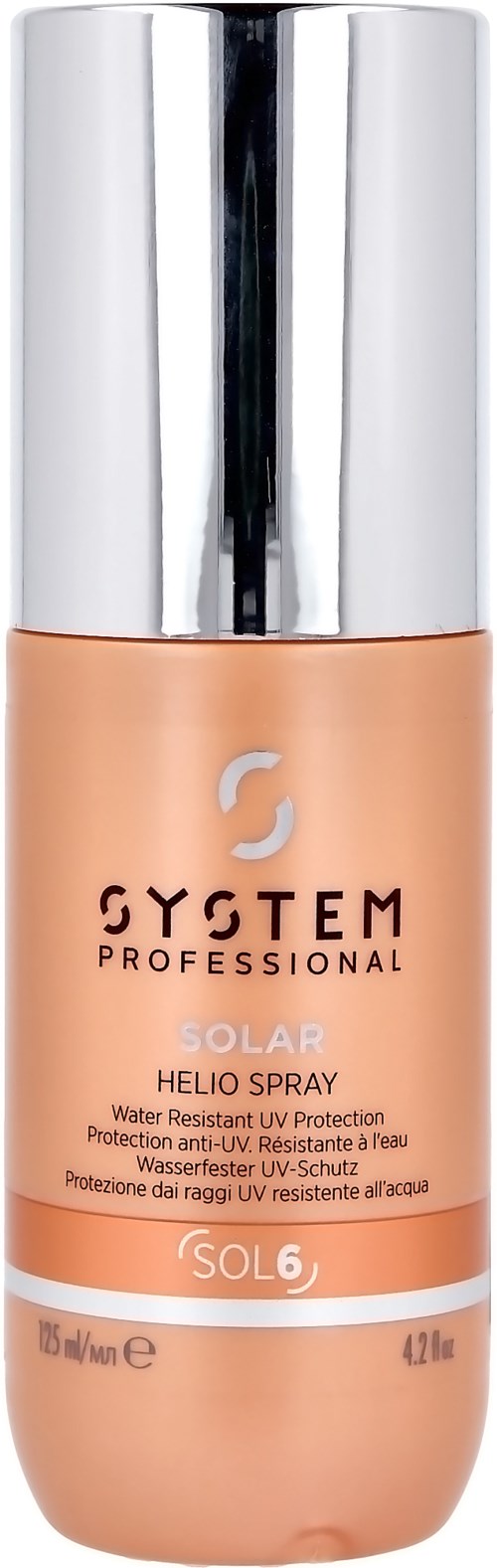 Een fles zonnebrandcrème, oranje met een zilverkleurige dop, met label 'System Professional Solar Helio Spray', voor UV-bescherming.