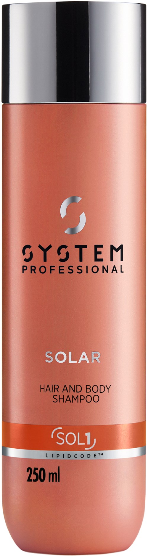 Een roze shampoo fles met zilveren deksel, gemerkt 'System Professional Solar' voor haar en lichaam, 250 ml.