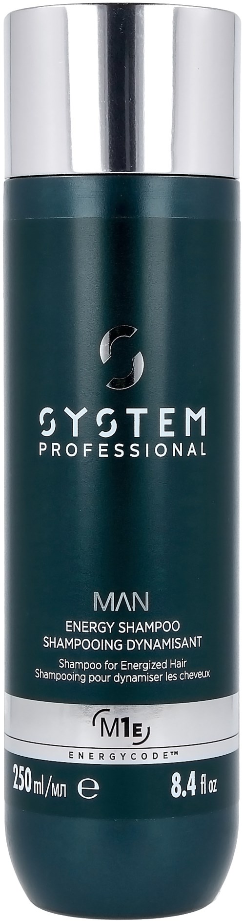 Een donkergroene fles met een zilveren dop, gemarkeerd 'System Professional Man Energy Shampoo,' 250 ml.