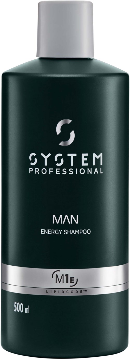 Grön flaska med vit kork, märkt som herrenergiskt shampoo, 500 ml, från System Professional.