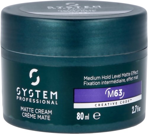 Een blauwgroene pot System Professional matte crème, matige hold, 80 ml, met paarse en witte accenten.