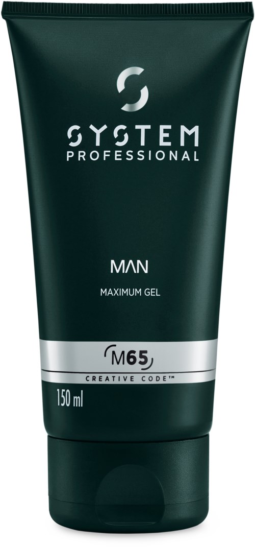 Een donkergroene tube met 'System Professional' en 'MAXIMUM GEL' en '150ml' geschreven.