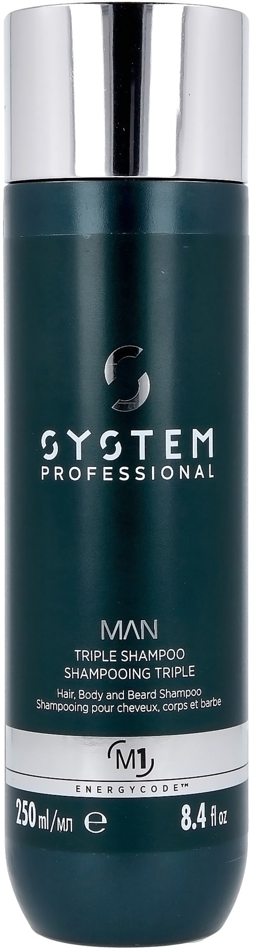 Donkergroene fles met zilveren deksel, gelabeld 'System Professional' en 'Man Triple Shampoo'.