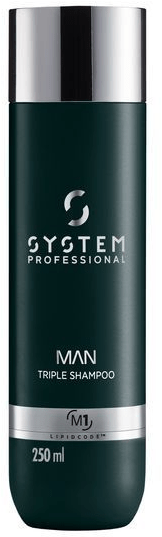 Een donkergroene fles van System Professional Man Triple Shampoo met een zilveren dop, 250 ml.
