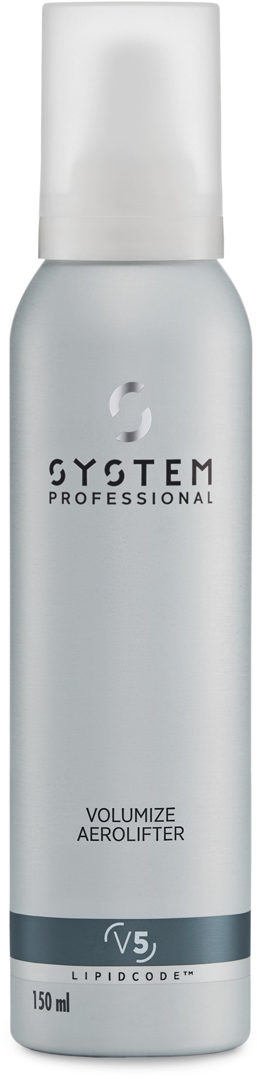Een lange, witte spuitfles met zwarte tekst, gemarkeerd 'System Professional' en 'Volumeize Aerolifter'.