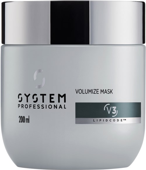 Een witte pot van SYSTEM PROFESSIONAL VOLUME MASK met zilveren deksel en zwarte en grijze tekst.