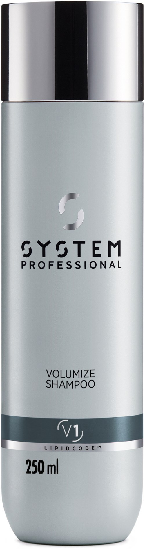 Een lange, lichtgrijze fles met een zilverkleurige dop, gemarkeerd "System Professional Volumize Shampoo" en 250 ml capaciteit.