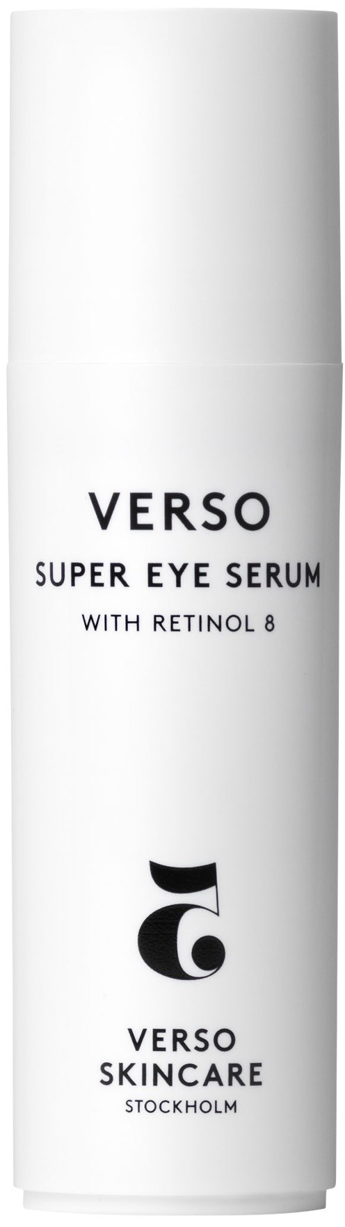 Witte fles met zwarte tekst, genaamd Verso Super Eye Serum met Retinol 8, van Verso Skincare, Stockholm.