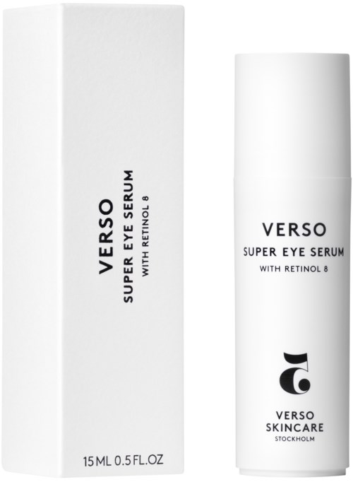 Een huidverzorgingsproduct genaamd Verso Super Eye Serum met Retinol 8 in een witte fles en doos.