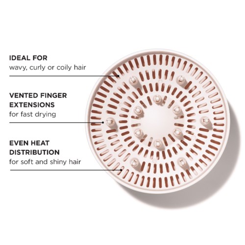 Circular hair diffuser with vented finger extensions for fast drying and even heat distribution. Suitable for wavy, curly, or coily hair.