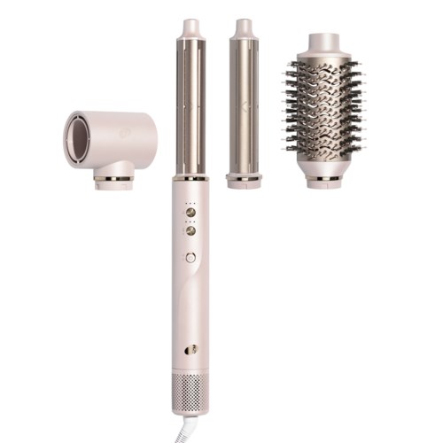 A white hair dryer with multiple attachment heads for styling different hair types and looks.