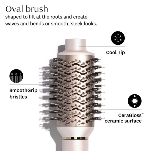 An oval brush with smooth bristles, a cool tip, ceramic surface, and designed for lifting roots and creating waves.
