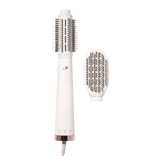A white heated styling brush with a detachable oval brush head and control buttons at the bottom.