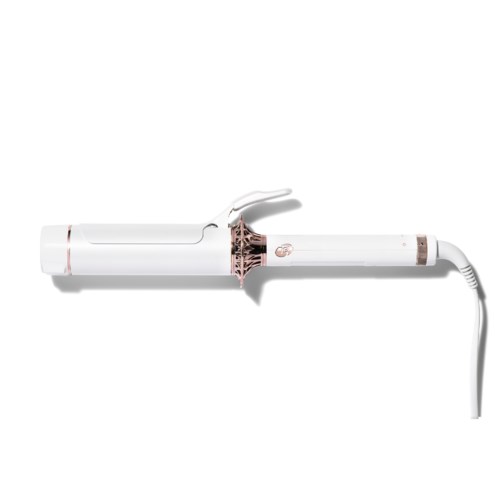 A white hair curling iron with a rose gold handle and a power cord.