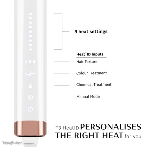 A device with a control panel shows 9 heat settings, options for hair texture, color and chemical treatments, and manual mode.