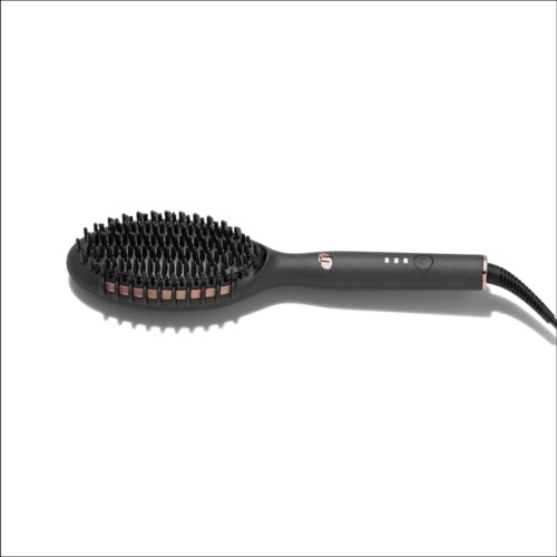 A black electric hairbrush with a long handle, many bristles, and small control lights.