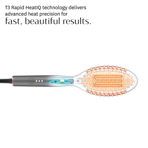 A toothbrush with advanced technology shown with heating element and text about fast, beautiful results.