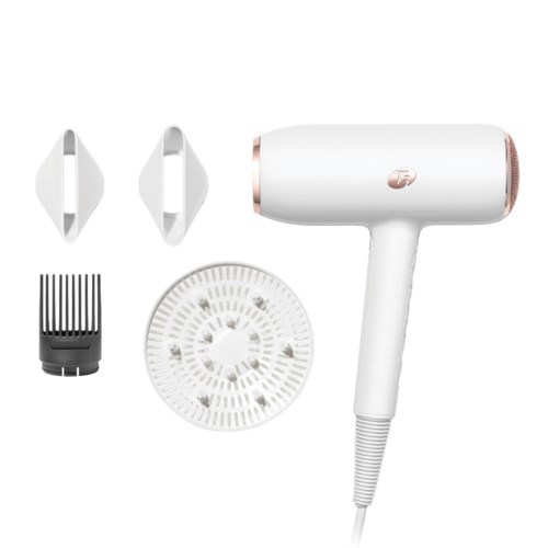 A white hair dryer with attachments, a vent, and a wide round diffuser.
