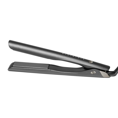 A hair straightener with a sleek black body and adjustable temperature controls.