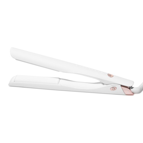 A white hair straightener with rose gold accents. It is open, showing two flat plates for styling hair.