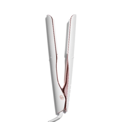 A white hair straightener with red accents, open and ready to style hair.
