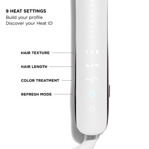 A hair tool with settings for heat, hair texture, length, color, and mode, with buttons and indicator lights.
