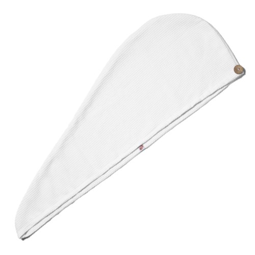 A white fabric item shaped like a teardrop, with a small brown button at one end.