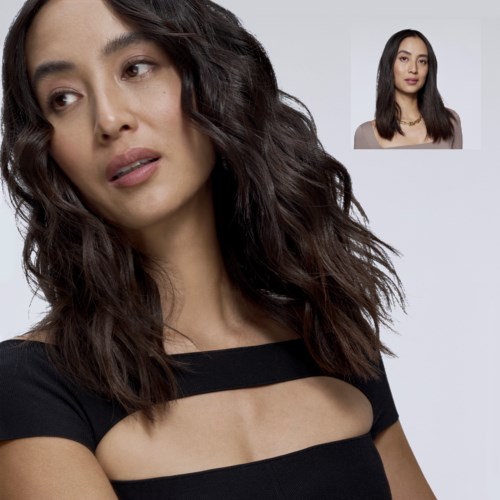 Two women with dark hair, one with loose waves and the other straight, both with makeup and black tops.