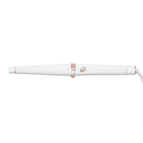 A white hair curling tool with a round barrel, pink accents, and a power cord.