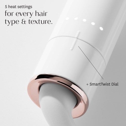 A hair styling device with a SmartTwist Dial for various heat settings, designed for all hair types and textures.