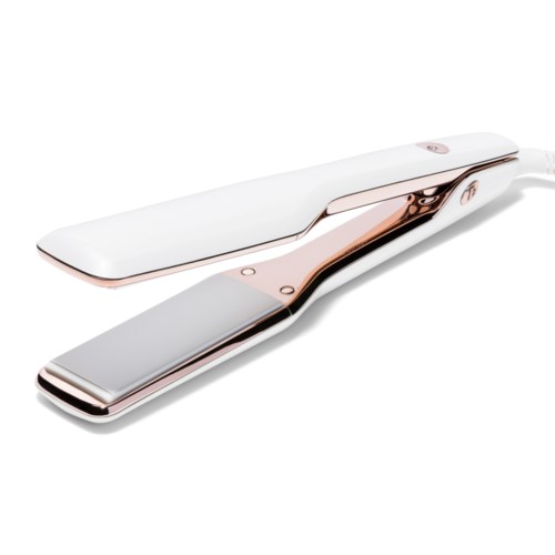 A sleek, modern hair straightener with white and rose gold colors.
