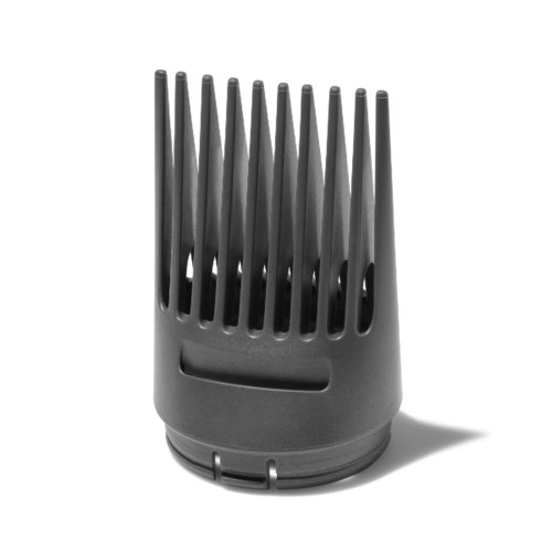 A black attachment with many thin prongs, used for hair styling or cutting.