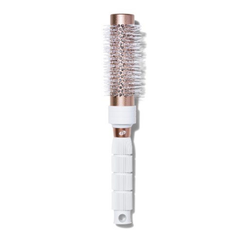 A hair brush with a round, plastic handle and metal bristles for styling hair.